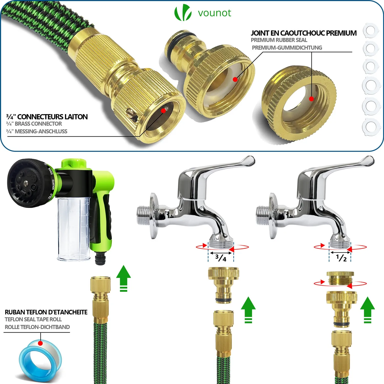 VOUNOT Tubo Irrigazione Estensibile Verde 15m 8 getti