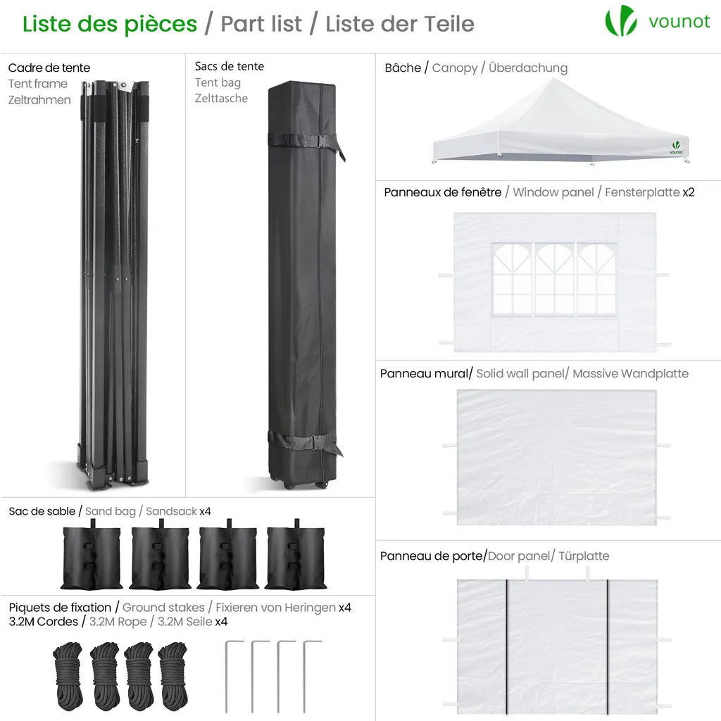 Vounot gazebo pieghevole 3x3 m bianco con 4 pareti