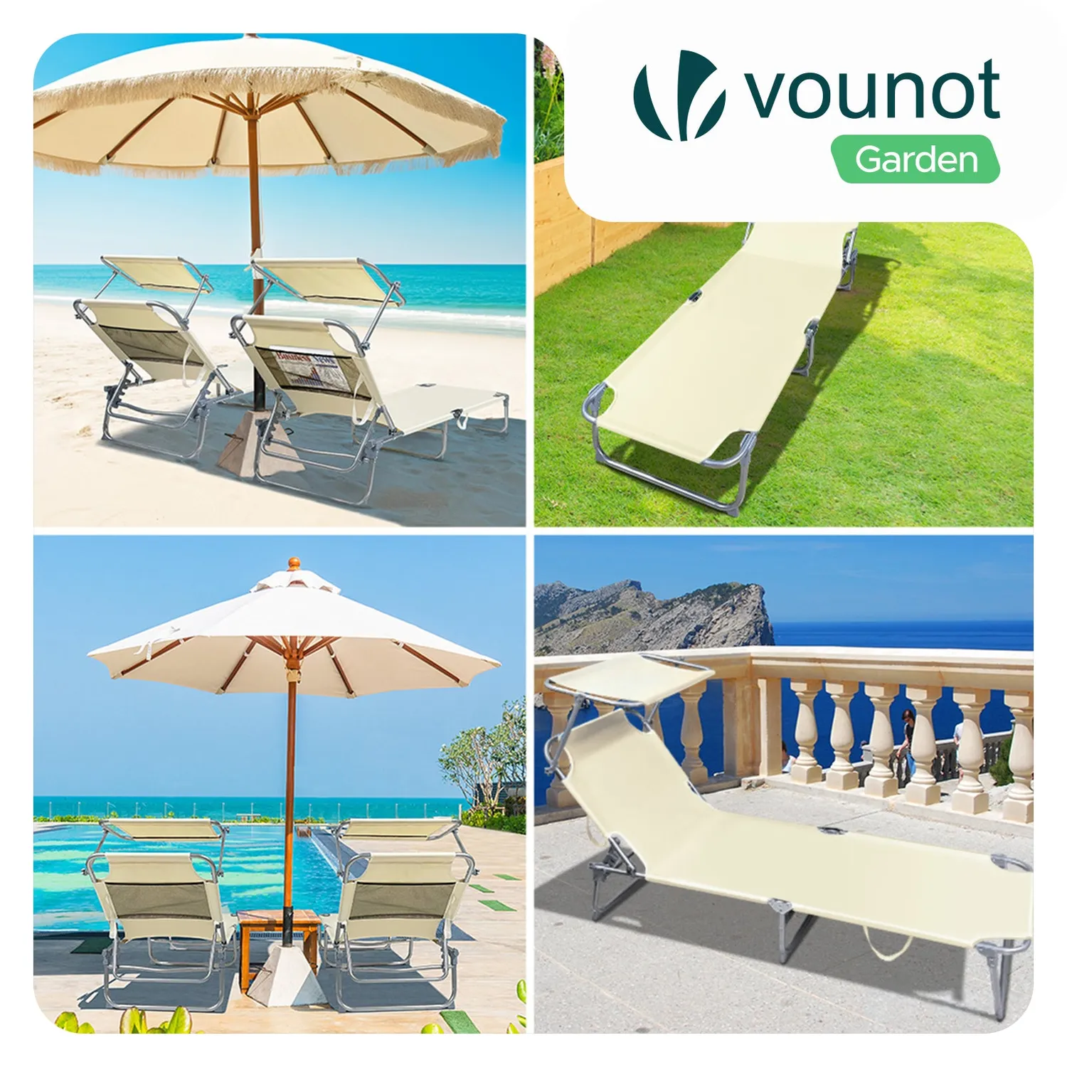VOUNOT Lettino sdraio con parasole beige set 2 pezzi