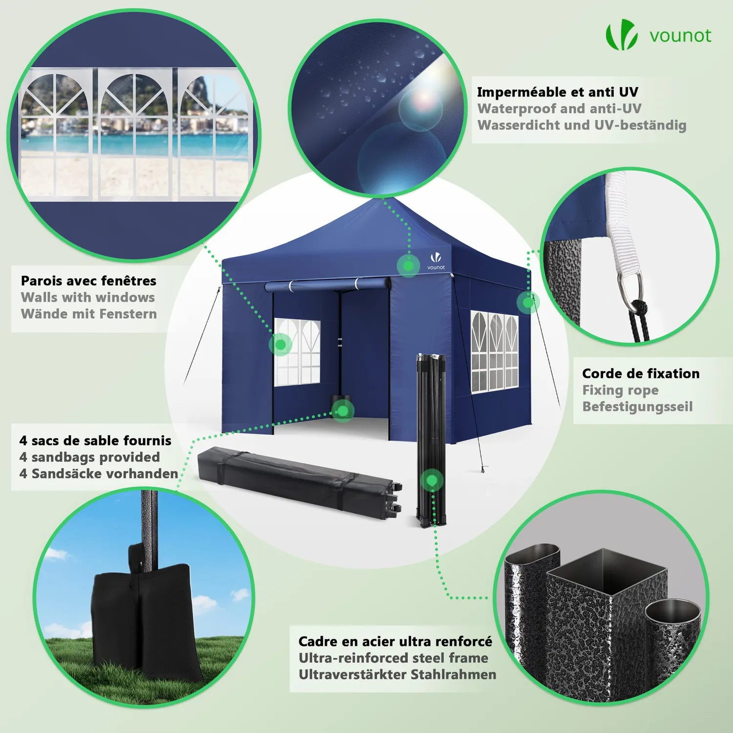 VOUNOT Gazebo pieghevole 3x3 m con 4 pareti blu impermeabile