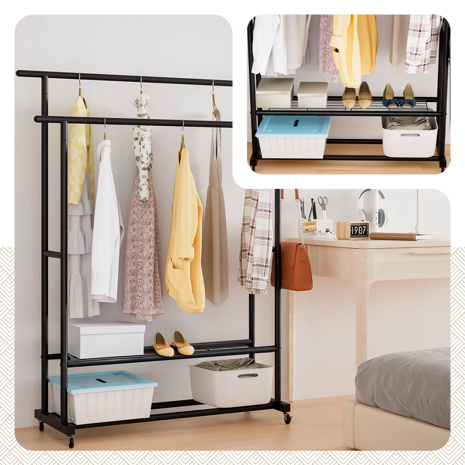 Vounot Stender Doppio con Rotelle 121x40x147cm Nero 40kg