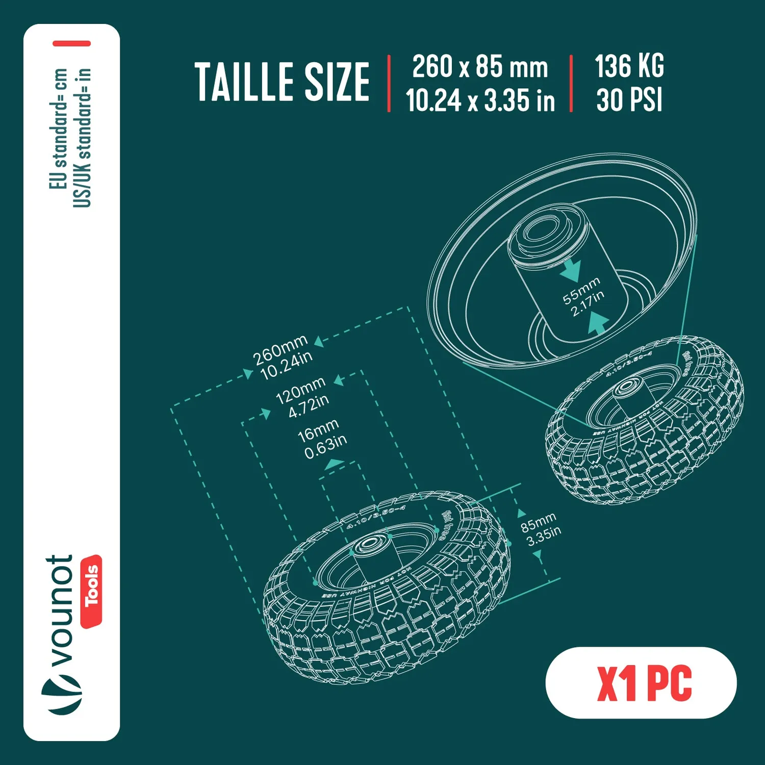 Vounot 3.50-4 ruota pneumatica carriola foro 16 mm