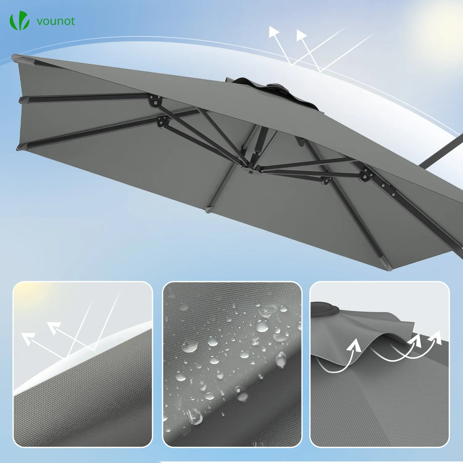 VOUNOT Ombrellone Decentrato 3x3m Grigio con Custodia