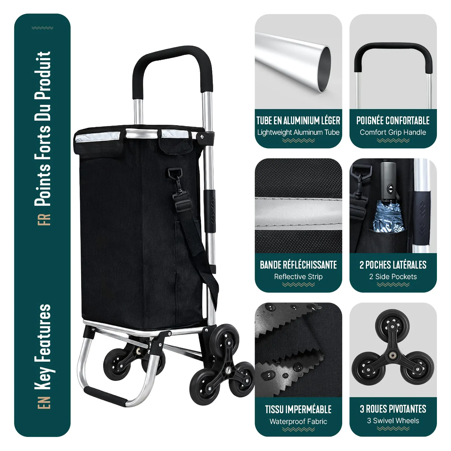 VOUNOT Carrello Spesa Pieghevole Saliscale Nero 58 L