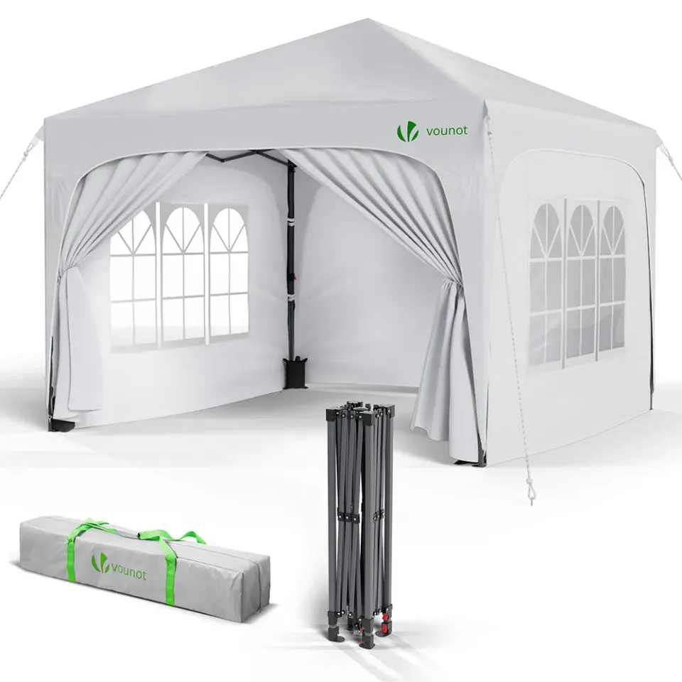 Vounot Gazebo Pieghevole 3x3m Bianco con Pareti e Finestre