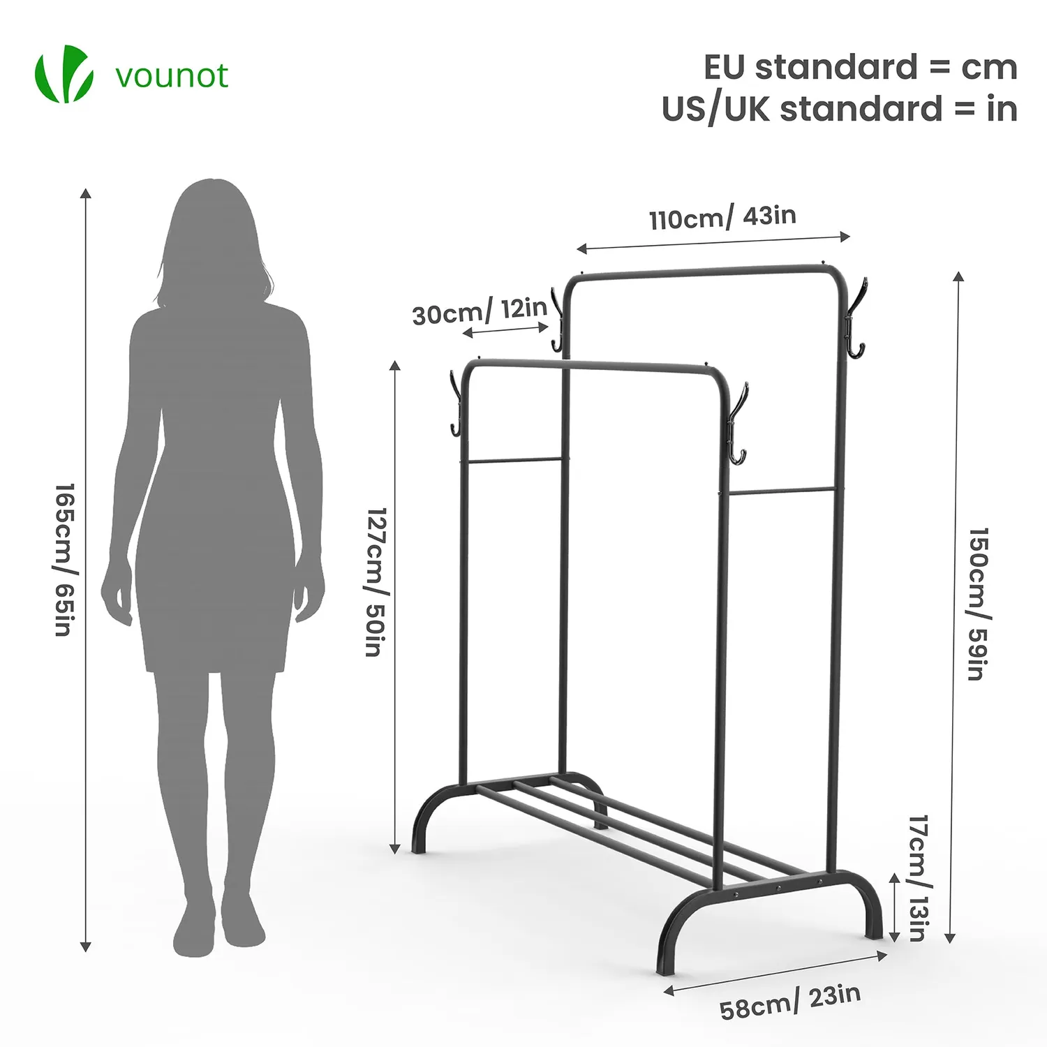 VOUNOT Stender Doppio Appendiabiti Metallo Nero 110x58x150cm 30kg