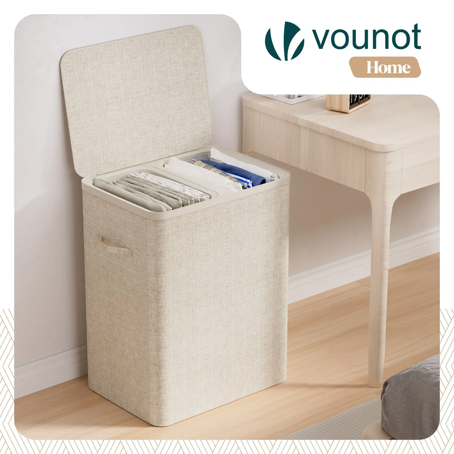 Vounot cesto portabiancheria 150L beige 2 scomparti
