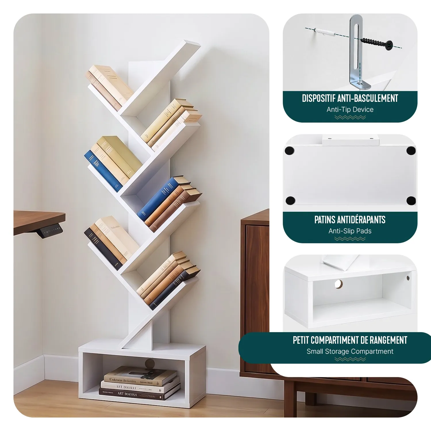 Vounot libreria albero 38x19x113 cm bianca 6 ripiani