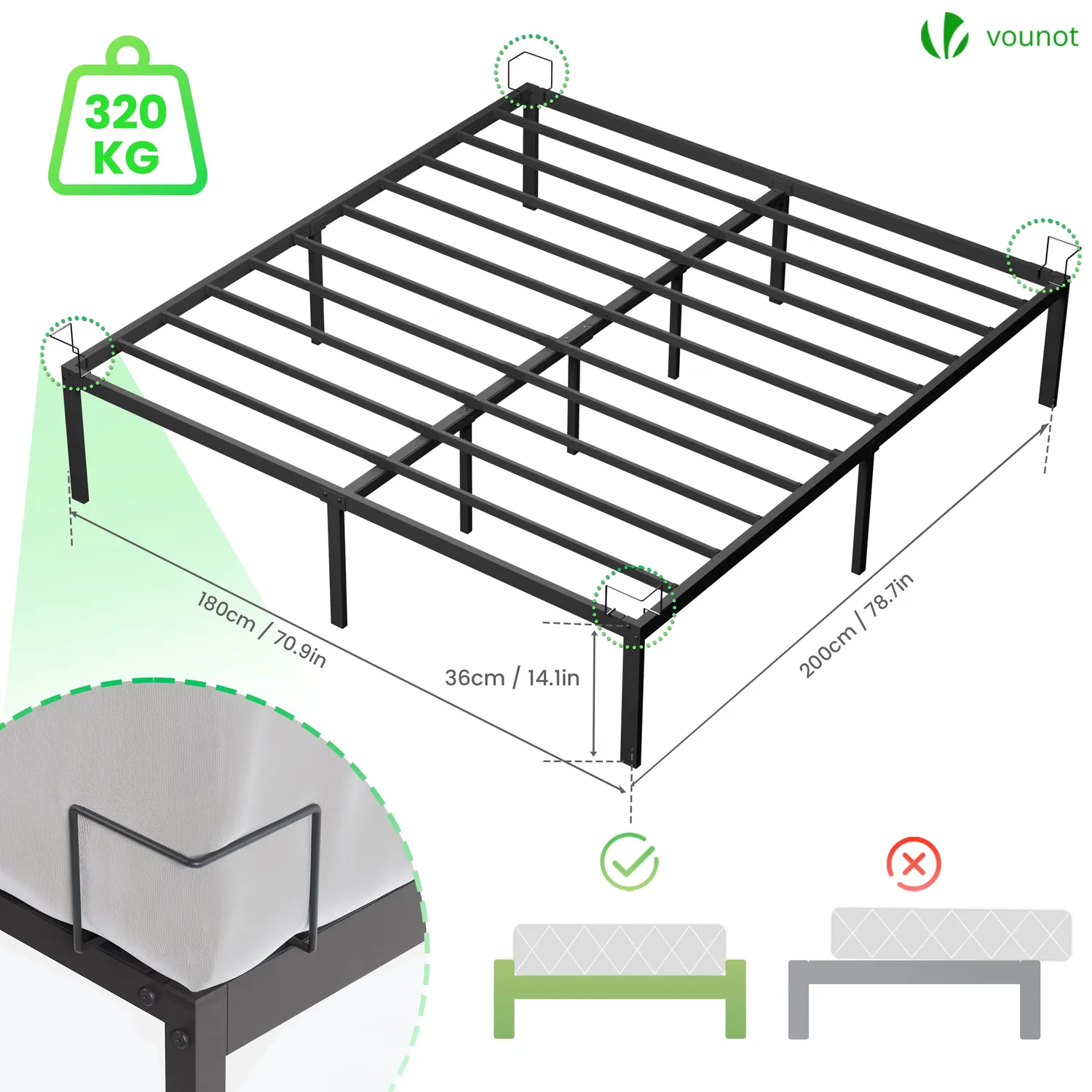 VOUNOT rete letto matrimoniale 180x200 nera 36cm